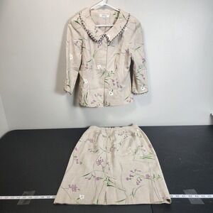 Beige Linen Blend Floral Skirt Suit Jacket 2-Piece Set Size 6 Vintage